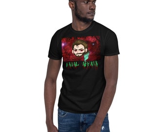 May include: Black t-shirt with a red and black galaxy print featuring a cartoon character with a beard and the text "FATAL AFFAIR" in green dripping letters.