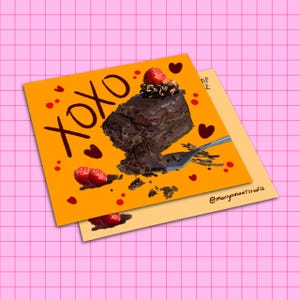 May include: Two square cards with a painting of a slice of chocolate cake with a strawberry on top. The top card is orange with the word "XOXO" and hearts. The bottom card is light yellow. The artist's name is in the bottom right corner.