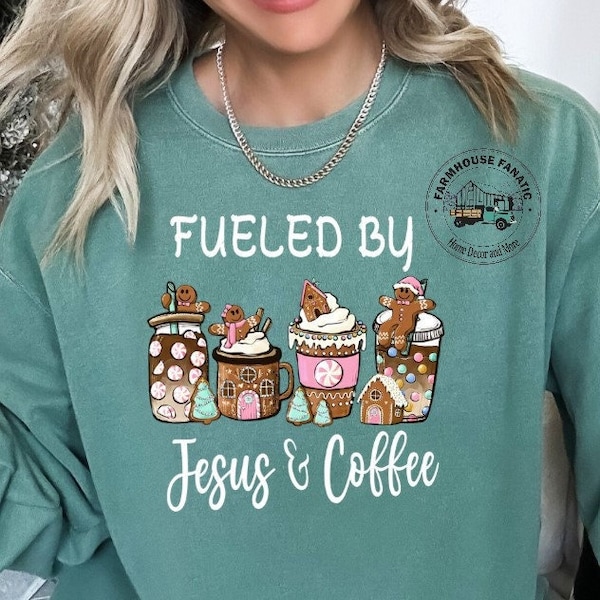 Fueled by Jesus & Coffee Gingerbread Christmas Theme DTF Print | DTF Transfer | Christmas Theme