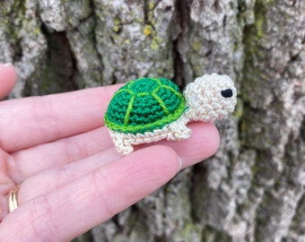 Tiny Crocheted Turtle Figurine: Forest Green Shell Art