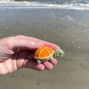 May include: A small crocheted turtle with an orange shell and green body. The turtle is being held in a hand against a blurry background of a sandy beach.