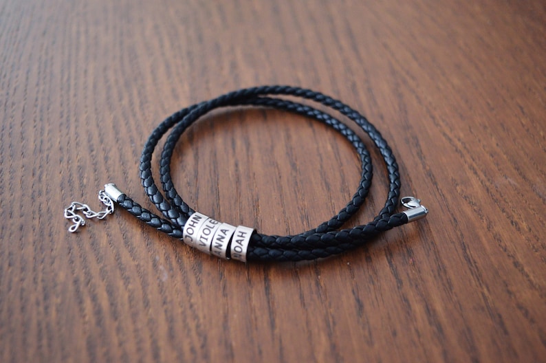Personalized Leather Bracelet with Custom Charm, Father's Day Gift, Bracelet with Named Charm, Birthday Gift, Anniversary/Groomsman Gift 6.7'' (17cm) Black
