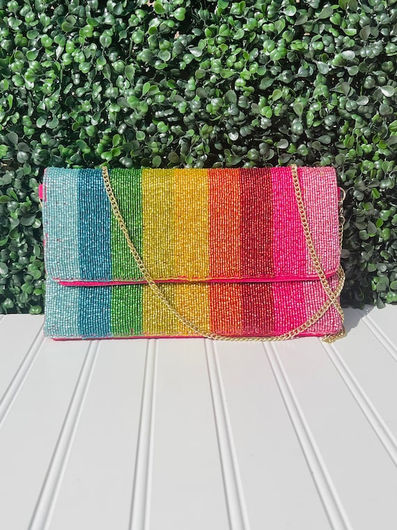 Rainbow Beaded Bag Colorful Beaded Clutch Purse Etsy