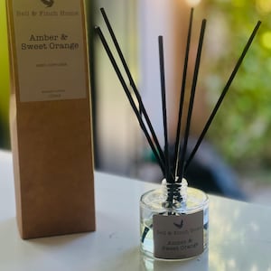 May include: A clear glass reed diffuser with black reeds and a brown label that reads "Bell & Finch Home Amber & Sweet Orange". A matching brown box is next to the diffuser. The diffuser contains 100ml of liquid.