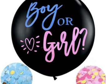 Black Gender Reveal Boy or Girl Balloon 36-inch with Pink/Gold and Blue/Gold Confetti Packs for Baby Shower Party Decorations