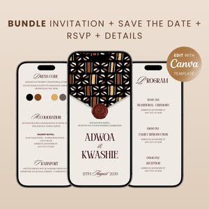 Peut inclure: Un ensemble de faire-part de mariage numériques affiché sur trois smartphones. Le design présente un fond crème avec du texte marron et noir. L'invitation comprend des détails, RSVP et des informations de sauvegarde de la date.