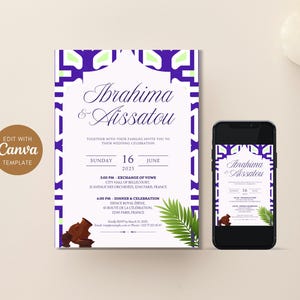 Modèle Canva invitation mariage africain – Design moderne & traditionnel – Carte digitale personnalisable - Violet Vert