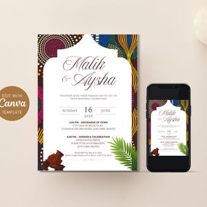 Carte d'invitation mariage africain à personnaliser – Canva template digital – Design d'inspiration africaine - motifs pagne