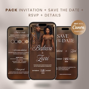 Peut inclure: Trois smartphones présentent un ensemble de faire-part de mariage. Le téléphone central affiche un couple en tenue de soirée avec les noms "Bakari x Zuri". L'ensemble comprend "Save the Date" et les détails RSVP. Le design est dans les tons bruns.