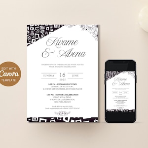 Carte d'invitation mariage africain à personnaliser – Canva template digital – Design d'inspiration africaine - motifs noir et blanc