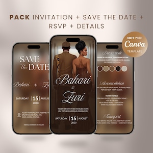 Puede incluir: Plantilla digital de invitaci&oacute;n de boda mostrada en tres smartphones. El dise&ntilde;o presenta los nombres "Bakari x Zuri", la fecha y los detalles del evento. La plantilla incluye una tarjeta "Save the Date" e informaci&oacute;n RSVP.