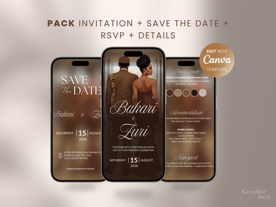 Full PACK Invitation Digitale Mariage Africain, Dot – 5 pages - Save the Date, RSVP, Programme - Canva Template Personnalisable - Marron