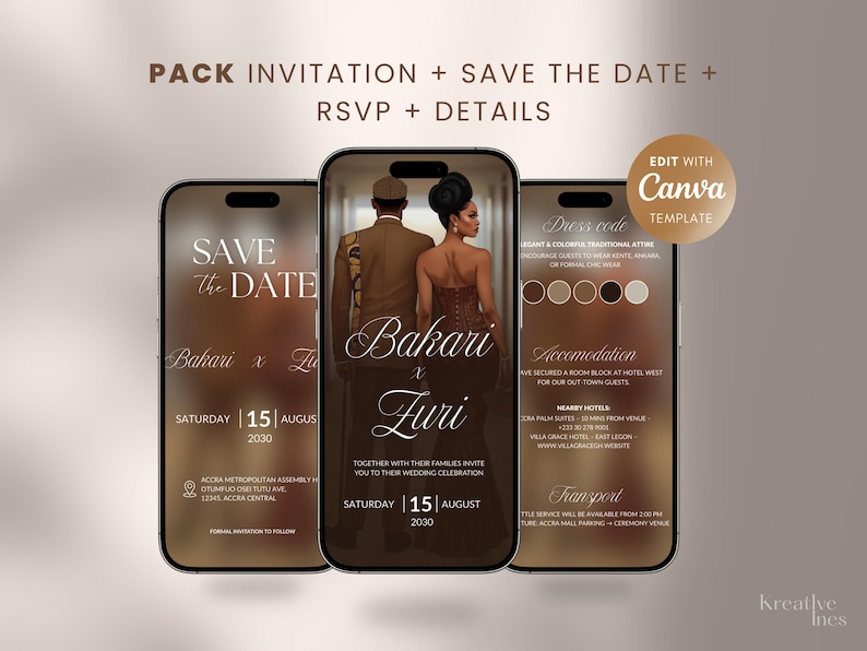 Puede incluir: Plantilla digital de invitaci&oacute;n de boda mostrada en tres smartphones. El dise&ntilde;o presenta los nombres "Bakari x Zuri", la fecha y los detalles del evento. La plantilla incluye una tarjeta "Save the Date" e informaci&oacute;n RSVP.