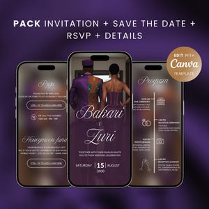 May include: Digital wedding invitation pack displayed on three smartphones. The design features a couple, event details, and RSVP information. The text includes "Bakari x Zuri" and "Saturday 15 August 2030". The design is in shades of purple.