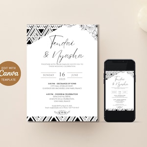 Carte d'invitation mariage africain à personnaliser – Canva template digital – Design d'inspiration africaine - blanc noir motifs