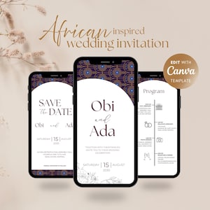 African Wedding Digital Invitation Pack – Save the Date, RSVP, Program – Customizable Canva Mobile Template - Brown Blue