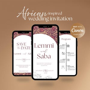 Puede incluir: Tres smartphones que muestran una invitación de boda de inspiración africana. El diseño presenta patrones florales en burdeos y blanco, con texto como "Save the Date", "Lemmi and Saba" y un programa de boda. El fondo es marrón cálido.