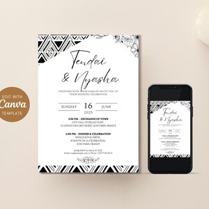 Carte d'invitation mariage africain à personnaliser – Canva template digital – Design d'inspiration africaine - motifs blanc et noir