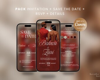 May include: A digital wedding invitation pack displayed on three smartphones. The design features a couple in formal attire, with text including names, date, and location. The invitation is editable with a Canva template.