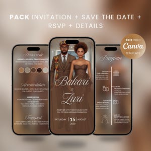 Può includere: Modello digitale di invito a nozze con tre smartphone. Il telefono centrale mostra una foto della coppia e i dettagli del matrimonio. Gli altri telefoni mostrano il codice di abbigliamento, l'alloggio e le informazioni sul programma. Il design è nei toni del marrone.