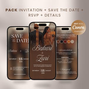 Peut inclure: Conception d'invitation de mariage numérique sur trois smartphones. Le design présente un couple, les détails de l'événement et des nuanciers. Le texte comprend "Save the Date", les noms, la date et le lieu. Modifiable avec un modèle Canva.