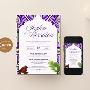 Modèle Canva invitation mariage africain – Design moderne & traditionnel – Carte digitale personnalisable - Violet Blanc et Vert