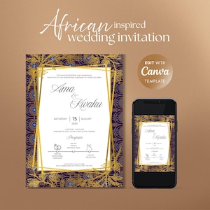 Carte d'invitation mariage africain à personnaliser – Canva template digital – Design d'inspiration africaine - or violet bleu