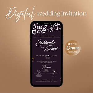 Könnte beinhalten: Ein Smartphone zeigt eine digitale Hochzeitseinladung. Die Einladung enthält die Namen "Odhiambo und Shani", das Datum, die Uhrzeit und den Ort. Das Design umfasst geometrische Formen und florale Akzente, mit einer Vorlagenoption "Edit with Canva".