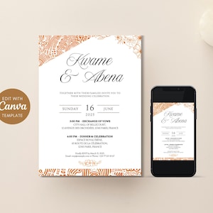 Invitation digitale mariage africain – Modèle Canva personnalisable – Carte digitale à imprimer – Mariage culturel élégant orange blanc