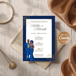 May include: A navy blue wedding invitation with gold floral accents and the names "Aisha and Mensah" in elegant script. The invitation includes a graphic of a couple in blue attire and event details. The words "Edit with Canva Template" are also visible.