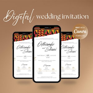 Peut inclure: Trois smartphones affichent une invitation de mariage numérique. L'invitation présente les noms "Odhiambo et Shani", la date "Samedi 15 août 2030" et un motif géométrique coloré. Le texte "Digital wedding invitation" est en haut.