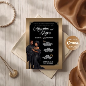 Könnte beinhalten: Eine Hochzeitseinladung mit schwarzem Hintergrund und goldenem Rahmen. Die Einladung zeigt die Namen "Kwashie und Joyce" in eleganter Schrift, zusammen mit Veranstaltungsdetails und einem Foto des Paares. Die Worte "Edit with Canva Template" sind ebenfalls sichtbar.
