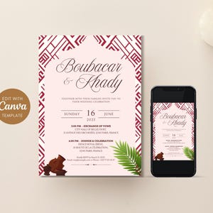 Invitation digitale mariage africain – Modèle Canva personnalisable – Carte digitale à imprimer – Mariage culturel élégant rouge
