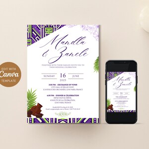 Invitation digitale mariage africain – Modèle Canva personnalisable – Carte digitale à imprimer – Mariage culturel élégant Violet