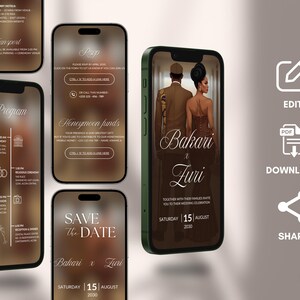 Puede incluir: Maqueta de dise&ntilde;o de invitaci&oacute;n de boda digital mostrada en varios tel&eacute;fonos inteligentes. La pantalla principal muestra una pareja con los nombres "Bakari x Zuri" y la fecha "15 de agosto de 2030". Otras pantallas muestran detalles de la boda.