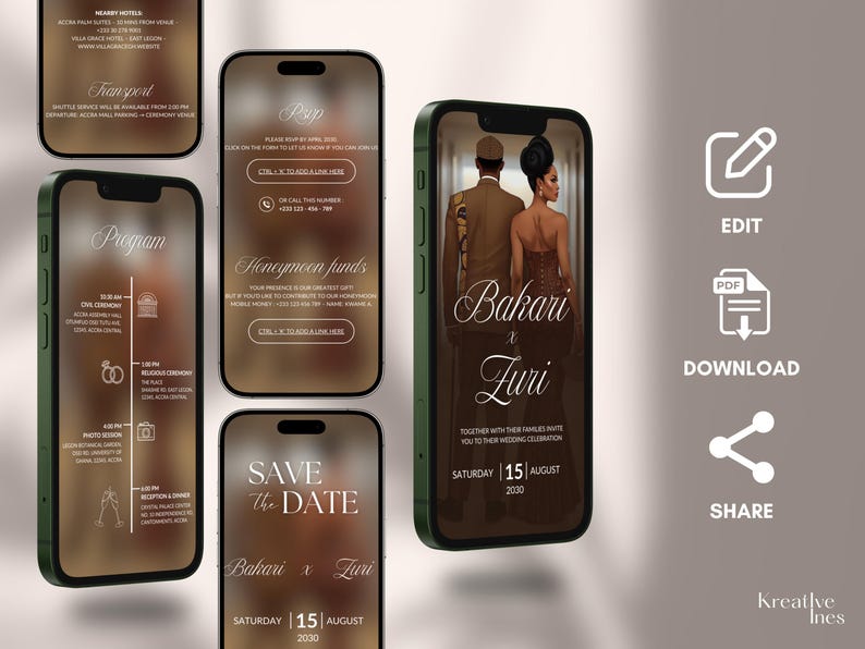 Puede incluir: Maqueta de dise&ntilde;o de invitaci&oacute;n de boda digital mostrada en varios tel&eacute;fonos inteligentes. La pantalla principal muestra una pareja con los nombres "Bakari x Zuri" y la fecha "15 de agosto de 2030". Otras pantallas muestran detalles de la boda.