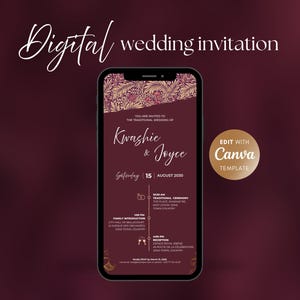 Könnte beinhalten: Digitale Hochzeitseinladung auf einem Smartphone. Die Einladung in Burgunderrot und Gold zeigt die Namen Kwashie & Joyce, das Datum 15. August 2030 und Veranstaltungsdetails. Der Text "Digital wedding invitation" ist oben.