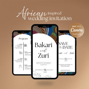 Premium Digital African Wedding Invitations – Mobile Invitation Pack: Save the Date, RSVP, Program – Canva Downloadable – Blue Pattern