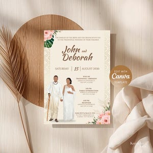 Può includere: Invito di nozze con i nomi "John e Deborah" in una scrittura elegante. L'invito include la data, l'ora e il luogo della cerimonia, con illustrazioni della coppia. Il design incorpora accenti floreali e il testo "Edit with Canva Template".