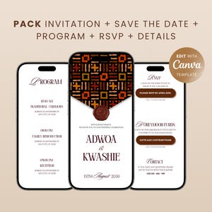 Puede incluir: Plantilla digital de invitación de boda que se muestra en tres teléfonos inteligentes. El diseño presenta una combinación de colores marrón y dorado con el texto "Adwoa & Kwashie" y "15 de agosto de 2030". La plantilla incluye detalles de RSVP y programa.