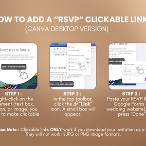 Puede incluir: Una gu&iacute;a paso a paso sobre c&oacute;mo agregar un enlace RSVP en Canva. La imagen muestra tres pasos: clic derecho, hacer clic en el icono de enlace y pegar el enlace RSVP. El texto incluye "Honeymoon funds" e instrucciones.