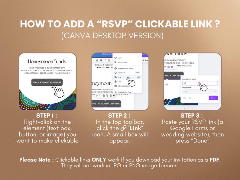 Puede incluir: Una gu&iacute;a paso a paso sobre c&oacute;mo agregar un enlace RSVP en Canva. La imagen muestra tres pasos: clic derecho, hacer clic en el icono de enlace y pegar el enlace RSVP. El texto incluye "Honeymoon funds" e instrucciones.