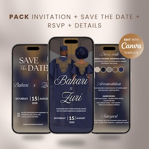Könnte beinhalten: Digitales Hochzeitseinladung-Template, das auf drei Smartphones angezeigt wird. Das Design zeigt ein Paar in traditioneller Kleidung, Veranstaltungsdetails und den Text "Save the Date". Die Vorlage ist mit Canva bearbeitbar.