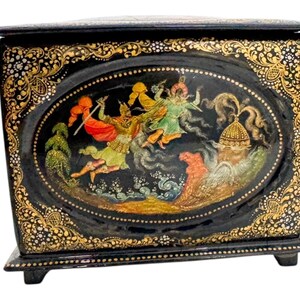 USSR Palekh “Ruslan and Lyudmila” 5 Side Hand Painted Gilded Lacquered Papier-Mâché Trinket Box by Kozlov