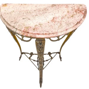 Antique Art Nouveau Half Moon Marble atop Ornate Gilt Bronze Floral Decor Tripod Base Console Side Coffee Table France