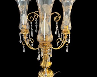 Hollywood Regency Gilt Bronze  70 cm Tall Statement Electrical Candelabra Table Lamp Frosted Glass Shades 1980th Italy