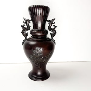 Antique Meiji Bronze Vase Birds Cherry Trees Relief Dragon Handles Japan