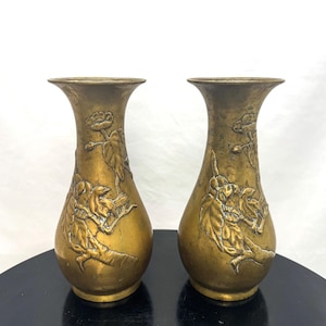 Bronze Meiji Par Birds Cherry Tree Blossoms Releif Meiji Vases Late 19c Japan