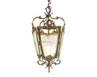 Art Deco Ornate Gilt Brass Etched Glass Panels Lantern Pendant Ceiling Lamp Midcentury France