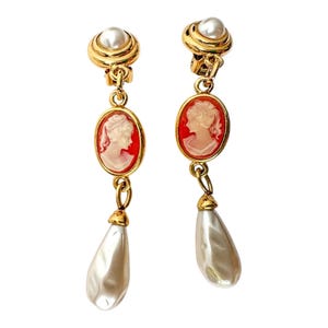 Vintage Victorian Style Cameo Dangle Clip Earrings Pearl Drop Signed Agatha Paris Costume Jewelry 1970th France